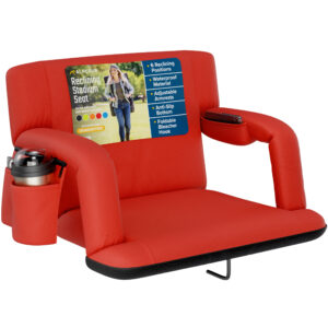 Reclining Stadium Seat with Armrests and Side Pockets - Red, Extra-Wide